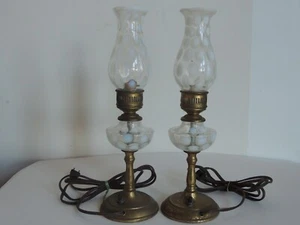 Vintage Pair Old Fenton Glass French Opalescent White Coin Dot Boudoir Lamp - Picture 1 of 13