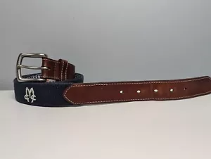 Peter Millar 1916 Mens Belt Sz 46 Embroidered Leather Blue Canvas Golf USA CMC - Picture 1 of 10