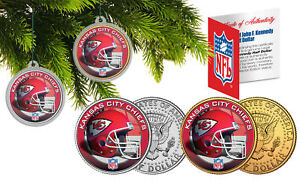 KANSAS CITY CHIEFS Colorized JFK Half Dollar 2-Coin Set NFL Christmas Ornaments