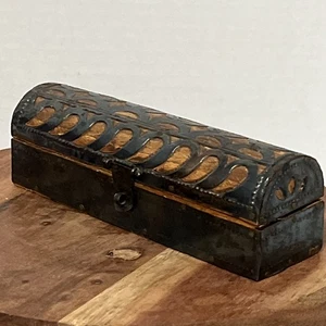 Vintage Antique? Metal Fitted Carved Wood Mini Trunk Chest Pencil Box 7” - Picture 1 of 10