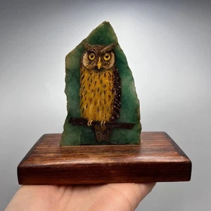 Handbemalte Jadeit Eule Figur Naturjade Stein Skulptur Holz Geschenk Zuhause - Bild 1 von 8