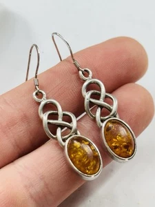 Vintage celtic style silver earrings with amber-43mm - Picture 1 of 3