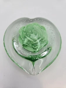 Hand Blown Glass Heart Paperweight With Green Flower - Picture 1 of 9