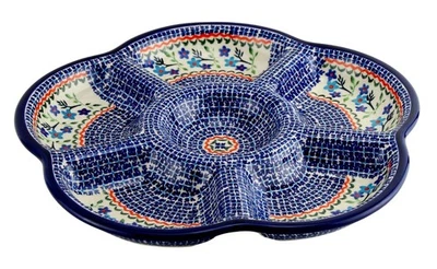 Polish Pottery 6-Compartment Round Appetizer Tray – 14" Diameter – Boleslawiec - Image 1 of 4