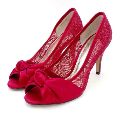 Adrianna Papell Ruby Red Satin and Lace Peep-toe Heel Dress Shoe Women’s Size 8 - Image 1 of 4
