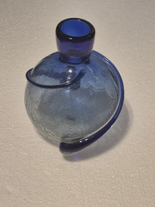 Hand Blown Crackled Glaze Blue Glass Vase With Swirling Decorative Piece VGC - Picture 1 of 15