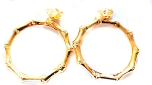 CLIP-ON EARRINGS BAMBOO EARRINGS ROUND SHINY GOLD TONE 2.5 INCH HOOPS - Picture 1 of 2