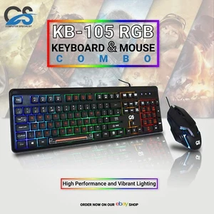 CS Gaming Computer PC USB UK Black LED Keyboard and 4D Mouse Wired Set KB-G105 - Afbeelding 1 van 8
