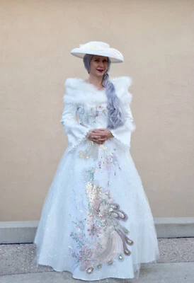 White Ball Gown Costume Fancy Dress Halloween Sz L Peacock Wedding Quinceanera  - Image 1 of 4