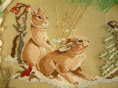 Brown Bunny Bird Snowy Tree Ground Hand Crafted Needlepoint Canvas Preworked - Image 1 of 4