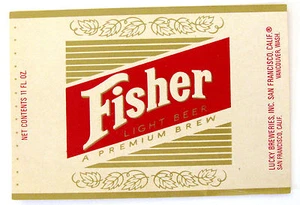 Lucky Breweries FISHER - LIGHT BEER paper beer label CA 11oz - Picture 1 of 1