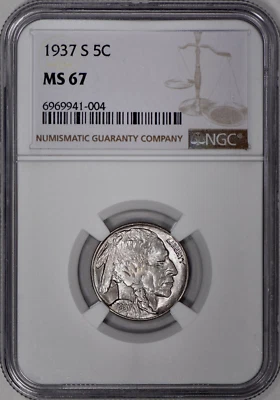 :1937-S 5C INDIAN-HEAD BUFFALO NICKEL SHINY-LUSTROUS NGC-MS-67 R4 HIGHEST-GRADES - Image 1 of 2