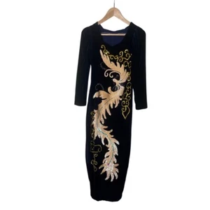 Vintage 80er Jahre Cheongsam blau Perlen Pailletten Samt Kleid S 2080 - Bild 1 von 10