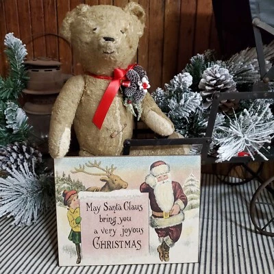 BEAUTIFUL OLD  VINTAGE VICTORIAN PRIMITIVE STYLE CHRISTMAS SANTA GREETING SIGN - Image 1 of 4