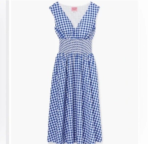 Abito midi Kate Spade smocked Gingham nuovo con etichetta XS