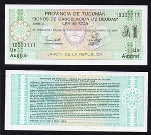 Banconota Argentina Provincia de Tucuman 1 austral 1991 P.-S2711 FDS/UNC - Picture 1 of 1