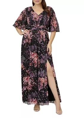 Adrianna Papell Flutter Sleeve Chiffon Evening Gown Dress Black Floral Size 16 W - Image 1 of 4