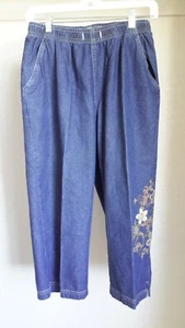 Erica Women Size S Blue Denim Cotton Pull On Ankle Pants Floral Application - Picture 1 of 12