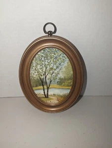 Helen K. Meyers Original Oil On Board Landscape River Painting  Framed Oval 9" - Picture 1 of 5