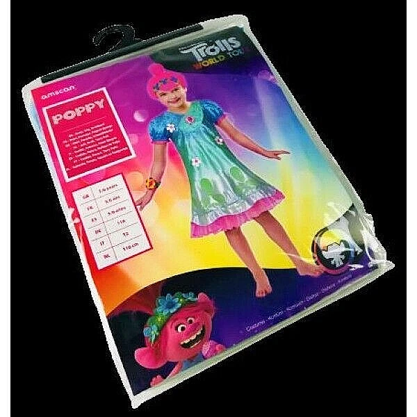 AMSCAN Kinderkostüm Trolls/Kleid, Perücke, Gr. 104/116/122/128, Fasching, Fastnacht