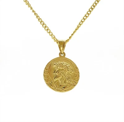 Collar Moneda Jesús Chapado en Oro 18K, Colgante Oración Cristiana para Hombre Mujer, Foto 1 de 4