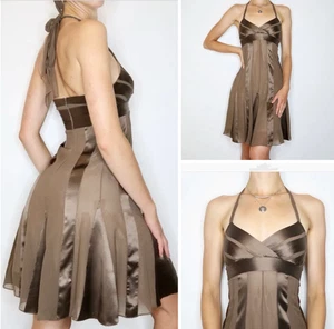 Y2k BCBGMaxazria Neckholder Kleid 8 Seide Babydoll braun transparent Satin Whimsigoth Fee - Bild 1 von 13
