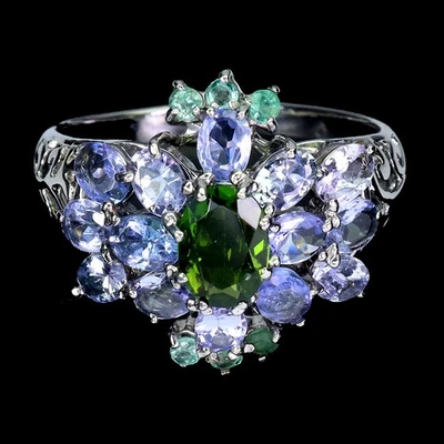 925 Sterling Silver Ring Oval Chrome Diopside 7x5mm Emerald Tanzanite Gemstone 8 - Image 1 of 4
