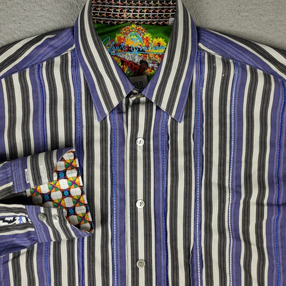 Robert Graham Shirt Mens Medium Blue Striped Flip Cuff Button Up Long Sleeve - Image 1 of 4