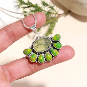 Prehnite, Green Turquoise Gemstone 925 Sterling Silver Pendant With Chain 18'' - Picture 1 of 4