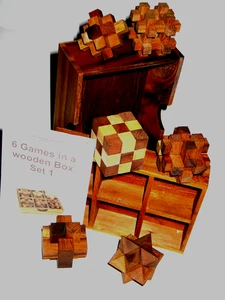 NEW Thailand Wooden Box Set 6 LARGE 3D Wood Puzzle Game Hand Brain Challenge - Picture 1 of 15