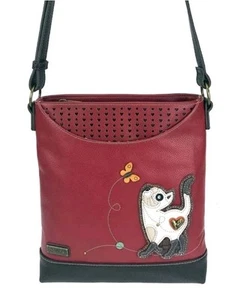 CHALA BURGUNDY SLIM CAT KITTY MESSENGER CROSSBODY BAG TOTE PURSE FAUX LEATHER - Picture 1 of 9