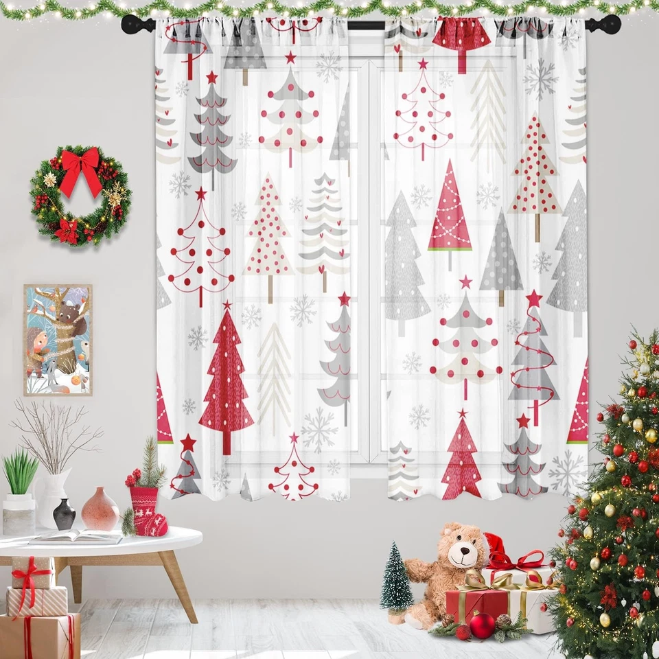 Cortina de Navidad, Árbol de Navidad Bosque Rojo Gris Cortinas Transparentes, Varilla de Invierno... Foto 1 de 4