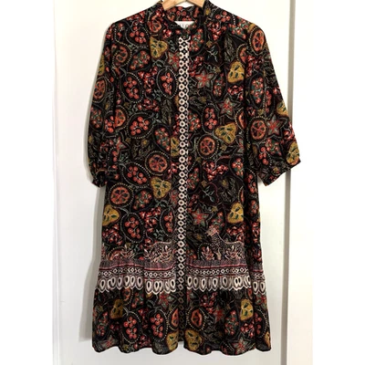 Vestido Camisa SALONI Seda Bohemio Talla 2 Cachemira Floral Mangas 3/4 Festival Folk Foto 1 de 4