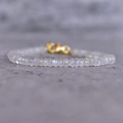Flashy Moonstone Faceted Rondelle 3-4MM Gemstone Beaded Handmade Bracelet 6-8" - Image 1 of 4