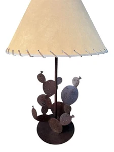 Vintage Mid-Century Modern Wooden Cactus Lamp W/Original Stitched Leather Shade - Picture 1 of 8