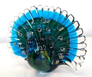 Vintage Murano Glass Peacock Bird Sculpture Cased Glass Figurine 7.5in Wide - Picture 1 of 14