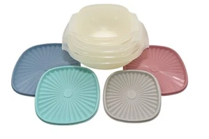 Tupperware New VTG Classic Sheer Servalier Bowl Set w/ Pastel Sunburst Seals - Picture 1 of 20