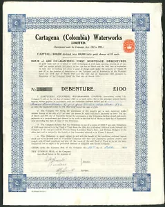 Kolumbien: Cartagena (Kolumbien) Waterworks Ltd., 1924, £100 erste Hypothekenschuld... - Bild 1 von 1
