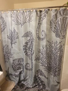Gray Marble Nautical Coastal Seahorse Shell Polyester Shower Curtain - Picture 1 of 5
