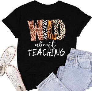 Womens Teacher Shirts Wild About Teaching Leopard Print T-Shirt Teacher Life Tee - Picture 1 of 14