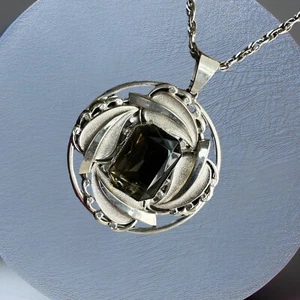 Vintage simulierter Saphir Stein silberfarben Metall Anhänger 2,5 "mit Kette 24" - Bild 1 von 4
