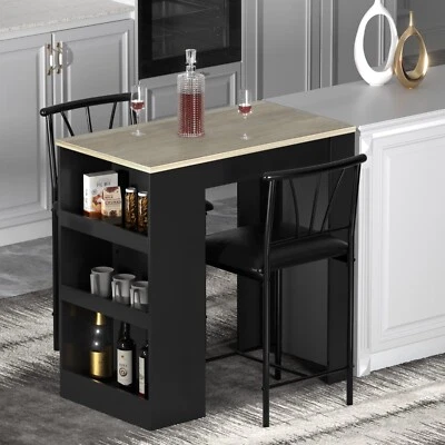Bar Table Set 2 Chairs Dining Table Counter Height Stool with Storage Shelves - Image 1 of 4