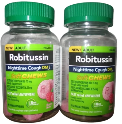 Robitussin Adulto Tos Nocturna DM Mastica Suave Tos Secreción Nariz Estornudos 12/25 Foto 1 de 2
