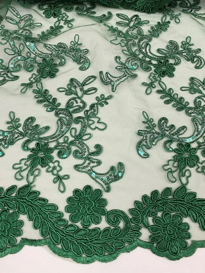 Hunter Green corded Floral lace with sequin Fabric Sold By Yard 52" Wide Elena