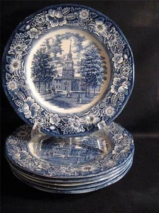 STAFFORDSHIRE ENGLAND LIBERTY BLUE INDEPENDENCE HALL DINNER PLATES - SIX - Picture 1 of 1
