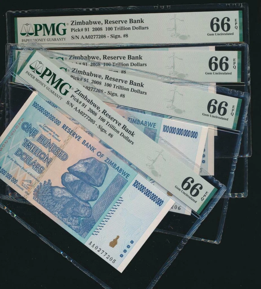 Zimbabwe 100 TRILLION DOLLAR BILL AA/2008, PMG 66EPQ certified gem (price for 1) - Image 1 of 4