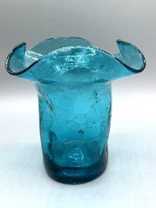 Bischoff Blue Crackle Glass Ruffled Edge Blown Glass Dimpled Vase - Vintage - Picture 1 of 8