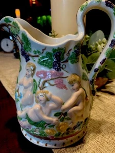 Vtg Ceramic Pitcher W/Embossed Angels,Cherubs & Grapevine 8”Tall c1966 Beautiful - Picture 1 of 7