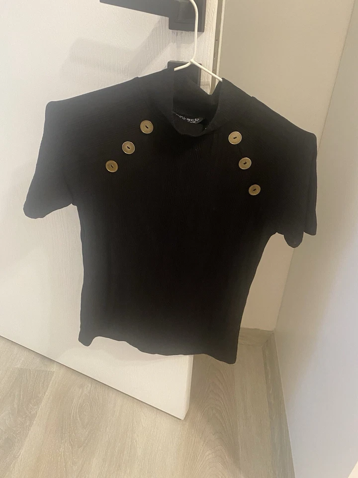  Женская блузка свитер черный Slim Fit коротким рукавом кнопки размер 12 - Изображение 1 из 1