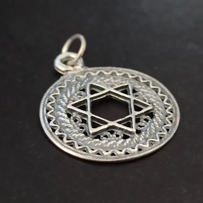 Pingente Estrela de David Prata 925 Malha de Filigrana Redonda Israel Unissex Presente Vintage - Imagem 1 de 4